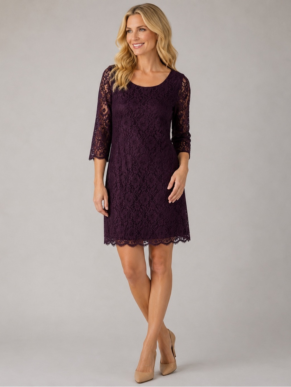 Dana Buchman Dress Size 4 Plum Lace Midi Dress with 3/4 Sleeves